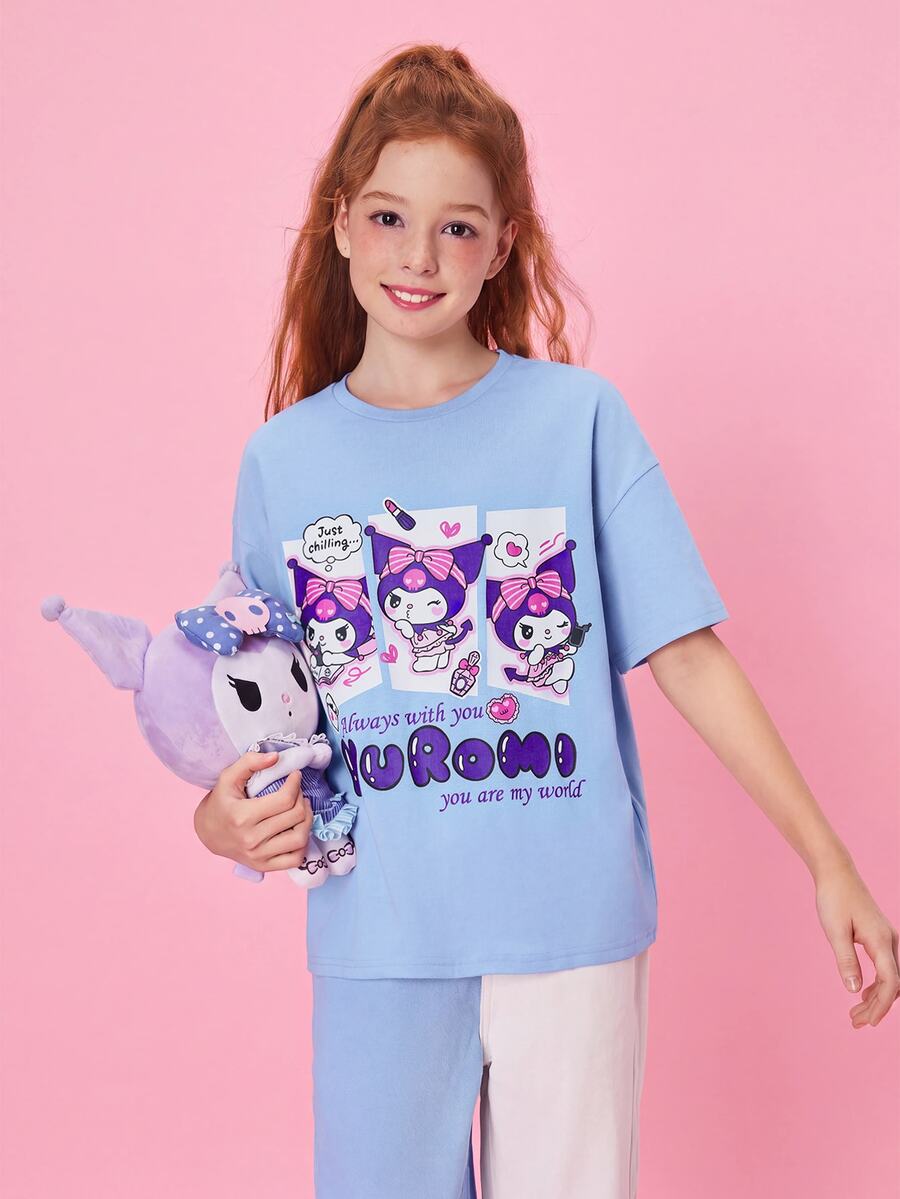 HELLO KITTY AND FRIENDS | SHEIN 少女卡通图案休闲可爱针织短袖T恤,夏季 - 藍色 - 查看 1
