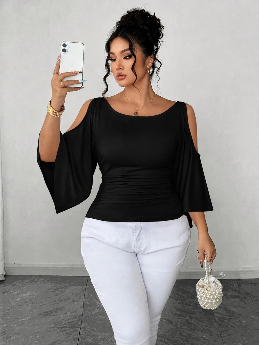 SHEIN Elenzya Plus Size Women's Knitted High Stretch Bell Sleeve Round Neck Solid Color Elegant T-Shirt - Black - View 1