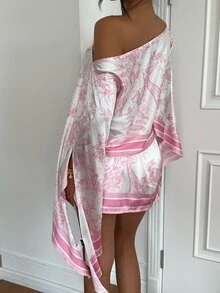 Aloruh Vacation Print Romantic Asymmetrical Neck Square Scarf Print Satin Elegant Date Outfit - Pink - View 3