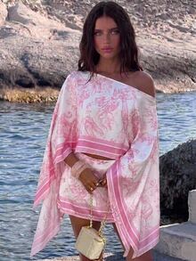 Aloruh Vacation Print Romantic Asymmetrical Neck Square Scarf Print Satin Elegant Date Outfit - Pink - View 7