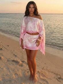 Aloruh Vacation Print Romantic Asymmetrical Neck Square Scarf Print Satin Elegant Date Outfit - Pink - View 4
