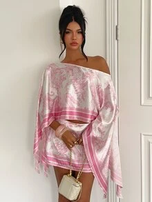 Aloruh Vacation Print Romantic Asymmetrical Neck Square Scarf Print Satin Elegant Date Outfit - Pink - View 8
