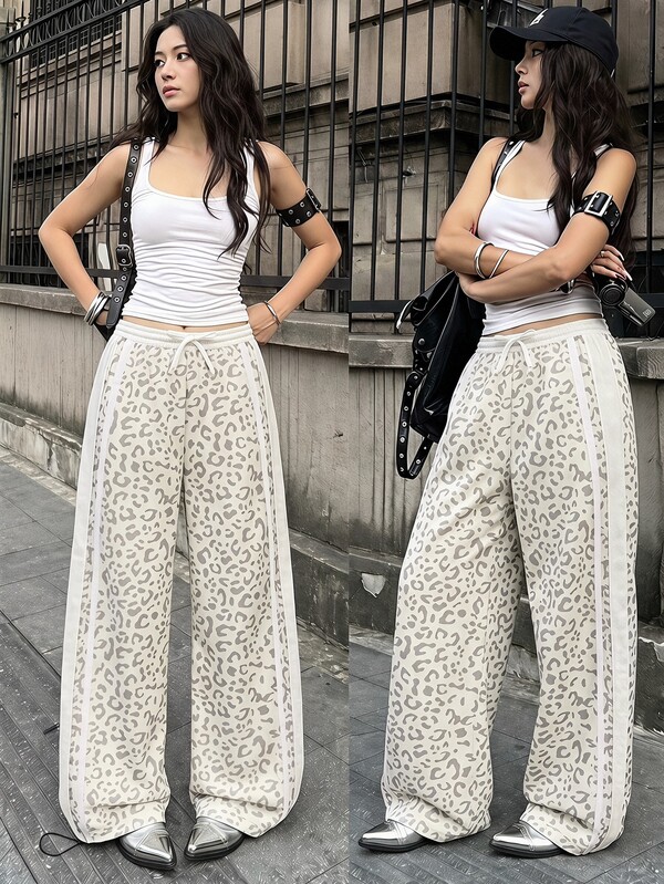 SHEIN Pantalones de chándal minimalistas de estilo casual urbano para adolescentes con estampado floral gris y blanco y cintura contrastante