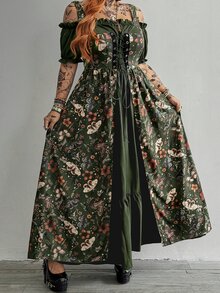 Whyspr 休閒優雅復古可愛龐克搖滾風鏤空繫帶暗宮廷風 Cosplay 露肩方領 A 字版型大裙擺撞色大尺碼夏季長洋裝 - 綠色 - 查看 3
