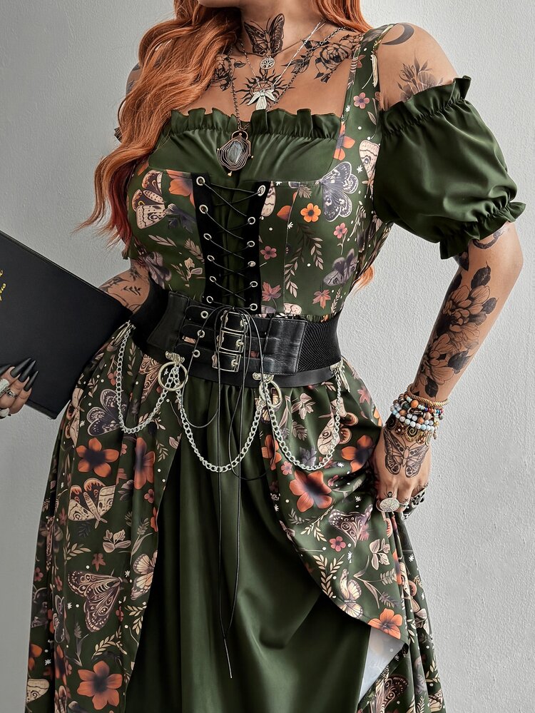 Whyspr Casual elegant vintage söt grunge rock punk ögonlettsnörning mörk prinsessahovstil cosplay axelbar fyrkantig halsringning A-linje maxiklänning voluminös kontrastfärg plus size sommarklänning - Grön - Visa 5