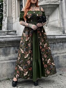 Whyspr 休閒優雅復古可愛龐克搖滾風鏤空繫帶暗宮廷風 Cosplay 露肩方領 A 字版型大裙擺撞色大尺碼夏季長洋裝 - 綠色 - 查看 8