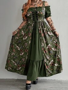 Whyspr 休閒優雅復古可愛龐克搖滾風鏤空繫帶暗宮廷風 Cosplay 露肩方領 A 字版型大裙擺撞色大尺碼夏季長洋裝 - 綠色 - 查看 6