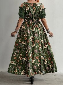 Whyspr 休閒優雅復古可愛龐克搖滾風鏤空繫帶暗宮廷風 Cosplay 露肩方領 A 字版型大裙擺撞色大尺碼夏季長洋裝 - 綠色 - 查看 2