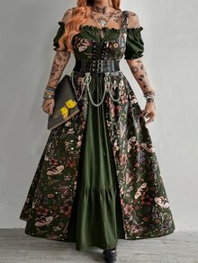 Whyspr 休閒優雅復古可愛龐克搖滾風鏤空繫帶暗宮廷風 Cosplay 露肩方領 A 字版型大裙擺撞色大尺碼夏季長洋裝 - 綠色 - 查看 4