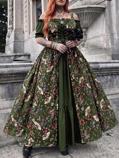 Whyspr Gaun Musim Panas Kasual Elegan Vintage Imut Grunge Rock Punk Eyelet Lace-Up Dark Princess Court Style Cosplay Off-Shoulder Square Neck A-Line Maxi Bervolume Warna Kontras Ukuran Plus