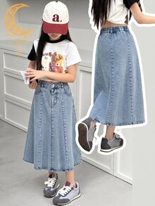青少年女孩復古夏季牛仔裙，老錢風夏季風格，柔軟彈性腰 A 字喇叭裙，青少年女孩基本休閒穿搭，適合夏季穿搭度假氛圍畢業典禮日常穿著 - 淺色水洗藍 - 查看 4