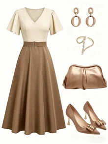Elenzga Spring/Summer New V-Neck Ruffle Sleeve Button Decor Waist-Cinched Slimming Flattering Commute Elegant Casual Date Women's Long Dress - Brown - View 6