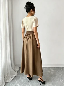 Elenzga Spring/Summer New V-Neck Ruffle Sleeve Button Decor Waist-Cinched Slimming Flattering Commute Elegant Casual Date Women's Long Dress - Brown - View 2