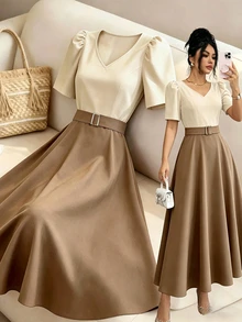 Elenzga Spring/Summer New V-Neck Ruffle Sleeve Button Decor Waist-Cinched Slimming Flattering Commute Elegant Casual Date Women's Long Dress - Brown - View 3