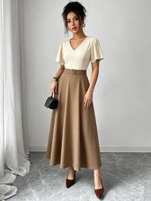 Elenzga Spring/Summer New V-Neck Ruffle Sleeve Button Decor Waist-Cinched Slimming Flattering Commute Elegant Casual Date Women's Long Dress - Brown - View 4
