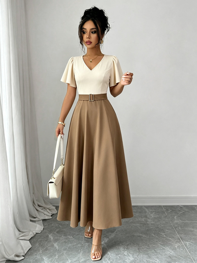 Selianne Spring/Summer New V-Neck Ruffle Sleeve Button Decor Waist-Cinched Slimming Flattering Commute Elegant Casual Date Women's Long Dress