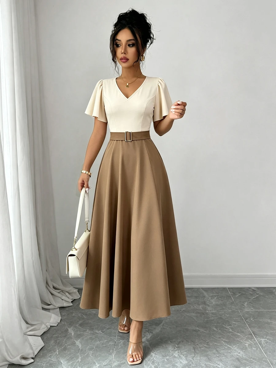 Elenzga Spring/Summer New V-Neck Ruffle Sleeve Button Decor Waist-Cinched Slimming Flattering Commute Elegant Casual Date Women's Long Dress - Brown - View 1
