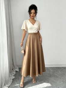 Elenzga Spring/Summer New V-Neck Ruffle Sleeve Button Decor Waist-Cinched Slimming Flattering Commute Elegant Casual Date Women's Long Dress - Brown - View 5