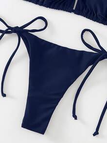 Swim Basics 1 套女士纯色性感系带比基尼，沙滩泳装 - 藏蓝色 - 查看 3