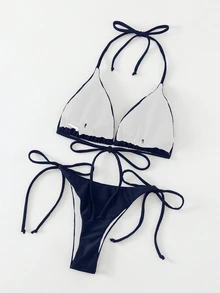 Swim Basics 1 套女士纯色性感系带比基尼，沙滩泳装 - 藏蓝色 - 查看 6