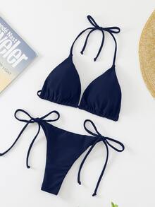 Swim Basics 1 套女士纯色性感系带比基尼，沙滩泳装 - 藏蓝色 - 查看 4
