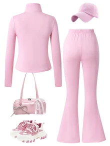 SHEIN 青少年女孩秋季穿搭 2件組/套 S號 休閒運動風極簡服飾套裝，時尚層次感，適合畢業、假期城市旅行、健身房、學校體育活動，粉色 - 粉色 - 查看 2