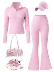 SHEIN 青少年女孩秋季穿搭 2件組/套 S號 休閒運動風極簡服飾套裝，時尚層次感，適合畢業、假期城市旅行、健身房、學校體育活動，粉色 - 粉色 - 查看 3