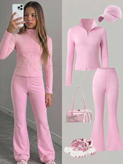 SHEIN طقم ملابس خريفية للبنات المراهقات 2 قطعة/مجموعة، كاجوال رياضي بسيط بتصميم عصابة، أنيق، مناسب للتخرج والعطلات ورحلات المدينة، متعدد الطبقات، للجيم والمدرسة والرياضة، لون وردي