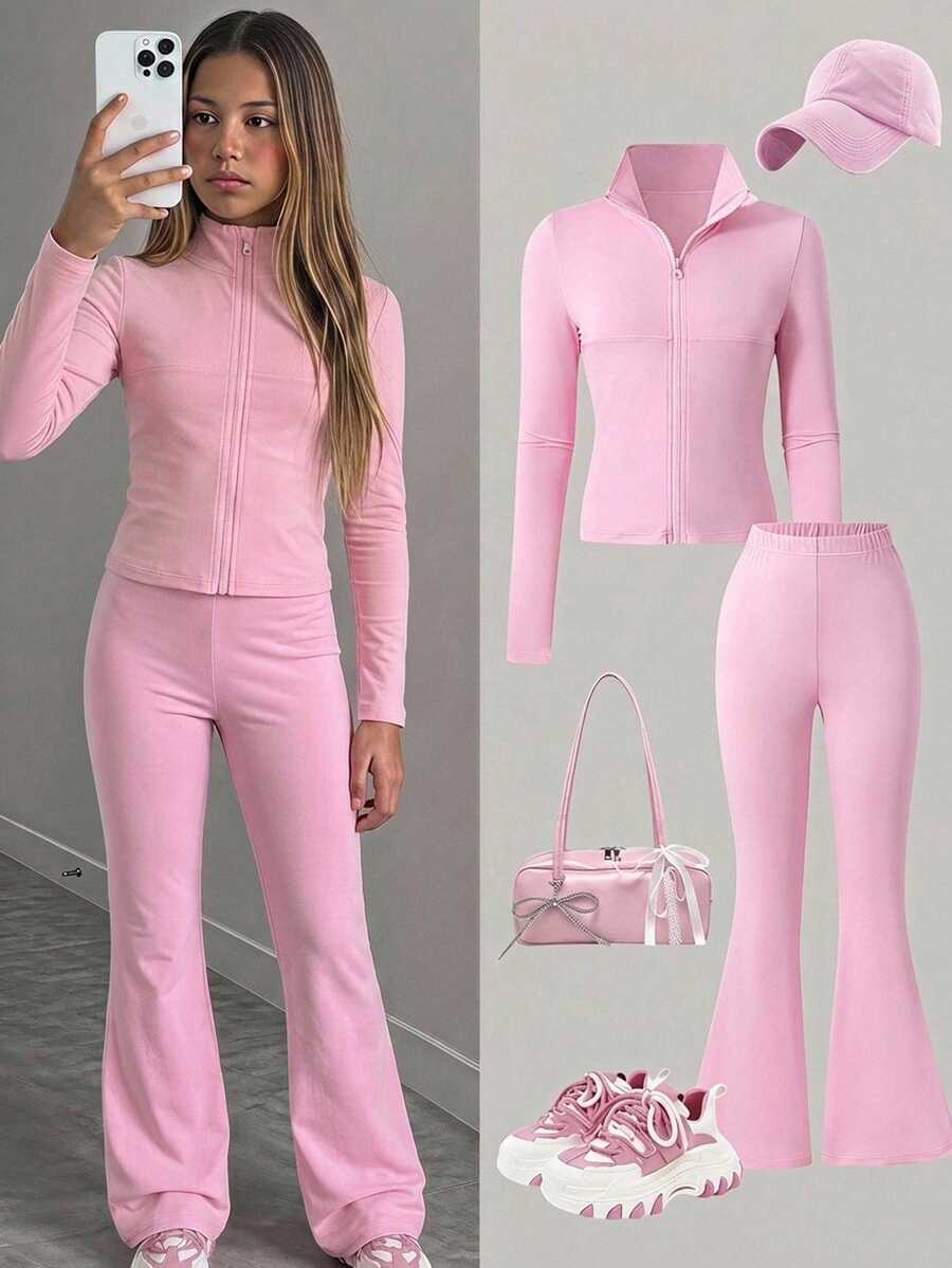 SHEIN 青少年女孩秋季穿搭 2件組/套 S號 休閒運動風極簡服飾套裝,時尚層次感,適合畢業、假期城市旅行、健身房、學校體育活動,粉色 - 粉色 - 查看 1
