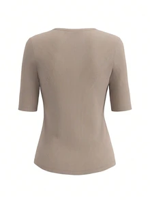 SHEIN Women's Solid Color Minimalist Round Neck Short Sleeve T-Shirt, Casual Everyday Wear - Apricot - View 3