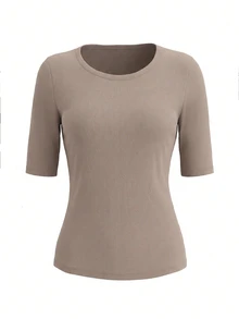 SHEIN Women's Solid Color Minimalist Round Neck Short Sleeve T-Shirt, Casual Everyday Wear - Apricot - View 5