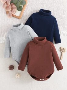 SHEIN Playful Pals 3件組男嬰復古簡約基礎套裝，純色刷毛羅紋高領長袖連身衣，春秋日常穿著 - 彩色 - 查看 5
