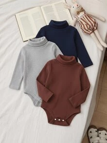 SHEIN Playful Pals 3件組男嬰復古簡約基礎套裝，純色刷毛羅紋高領長袖連身衣，春秋日常穿著 - 彩色 - 查看 3