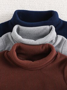 SHEIN Playful Pals 3件組男嬰復古簡約基礎套裝，純色刷毛羅紋高領長袖連身衣，春秋日常穿著 - 彩色 - 查看 10