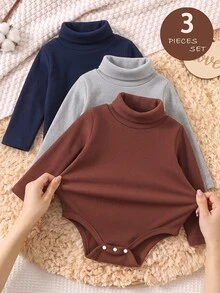 SHEIN Playful Pals 3件組男嬰復古簡約基礎套裝，純色刷毛羅紋高領長袖連身衣，春秋日常穿著 - 彩色 - 查看 1