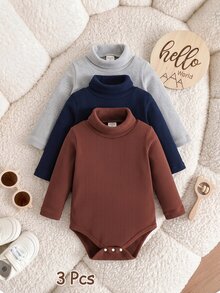 SHEIN Playful Pals 3件組男嬰復古簡約基礎套裝，純色刷毛羅紋高領長袖連身衣，春秋日常穿著 - 彩色 - 查看 4