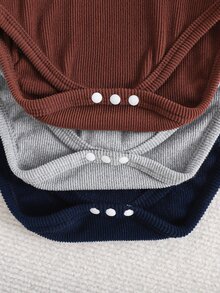 SHEIN Playful Pals 3件組男嬰復古簡約基礎套裝，純色刷毛羅紋高領長袖連身衣，春秋日常穿著 - 彩色 - 查看 9