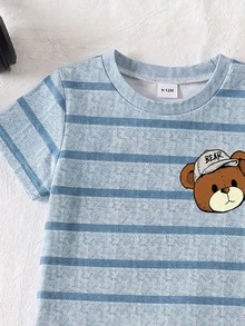 SHEIN 1件隨機男嬰簡單休閒可愛藍色丹寧效果動物印花條紋T恤與配套印花短褲套裝，適合夏季出遊 - 彩色 - 查看 5