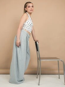 Ximena Robles Ximena Robles 女款秋季穿搭復古休閒嬉皮街頭風法式灰色大廓形圓弧下擺寬鬆長褲，休閒長褲 - 淺灰色 - 查看 5