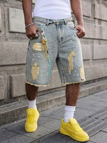 Manfinity EMRG American Retro Distressed Denim Shorts, Summer Street Loose Wide Leg Shorts - Light Wash - View 3
