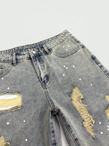 Manfinity EMRG American Retro Distressed Denim Shorts, Summer Street Loose Wide Leg Shorts - Light Wash - View 7