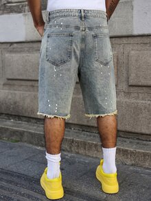 Manfinity EMRG American Retro Distressed Denim Shorts, Summer Street Loose Wide Leg Shorts - Light Wash - View 2