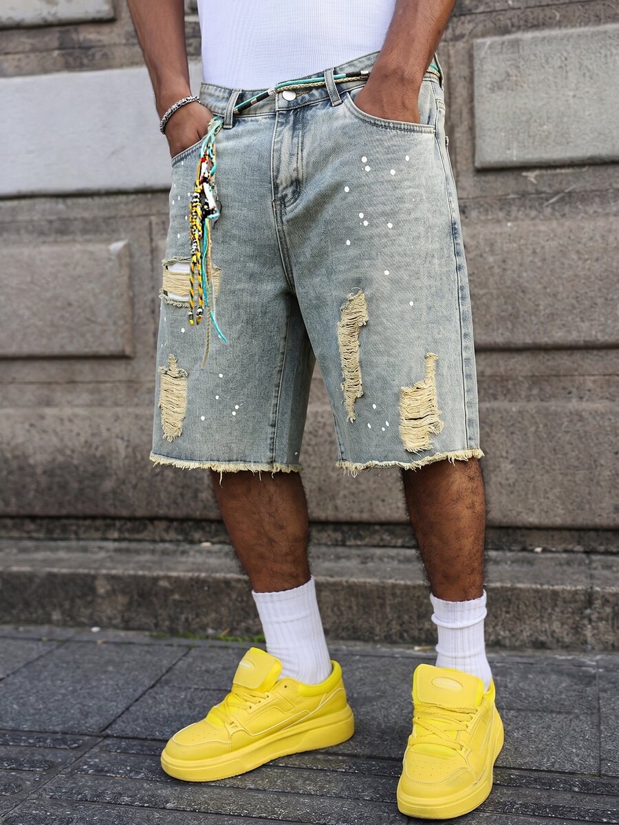 Manfinity EMRG American Retro Distressed Denim Shorts, Summer Street Loose Wide Leg Shorts - Light Wash - View 1