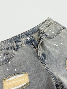 Manfinity EMRG American Retro Distressed Denim Shorts, Summer Street Loose Wide Leg Shorts - Light Wash - View 8