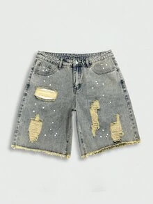 Manfinity EMRG American Retro Distressed Denim Shorts, Summer Street Loose Wide Leg Shorts - Light Wash - View 4