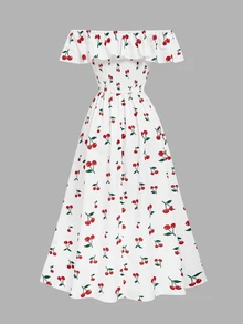 Selianne Gaun Off-Shoulder Bermotif Tenun dengan Desain Tali Serut di Pinggang, Gaun Midi Elegan untuk Liburan dan Pakaian Sehari-hari Serbaguna untuk Wanita - MultiWarna - View 2