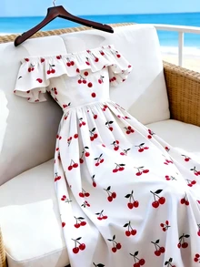 Selianne Gaun Off-Shoulder Bermotif Tenun dengan Desain Tali Serut di Pinggang, Gaun Midi Elegan untuk Liburan dan Pakaian Sehari-hari Serbaguna untuk Wanita - MultiWarna - View 1