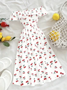 Selianne Gaun Off-Shoulder Bermotif Tenun dengan Desain Tali Serut di Pinggang, Gaun Midi Elegan untuk Liburan dan Pakaian Sehari-hari Serbaguna untuk Wanita - MultiWarna - View 3