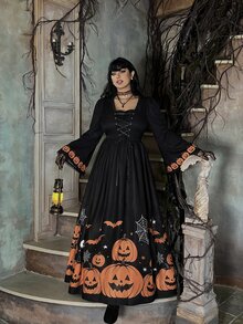 Lyrianda Gaun Wanita Ukuran Besar dengan Detail Lubang Tali dan Lengan Lonceng Motif - Hitam - View 5