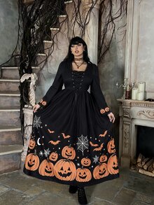 Lyrianda Gaun Wanita Ukuran Besar dengan Detail Lubang Tali dan Lengan Lonceng Motif - Hitam - View 4
